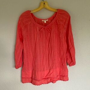 Anthropologie Hester & Orchard Women's Tunic Blouse Coral Ribbon Laced Neck Trim